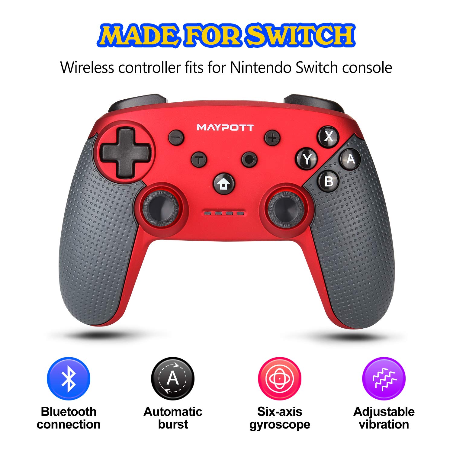 Maypott Wireless Pro Controller for Nintendo Switch, Switch Controller Wireless 6-Axis Gyros and Dual Motor, Bluetooth Gamepad for Windows 7/10 PC, Android Red